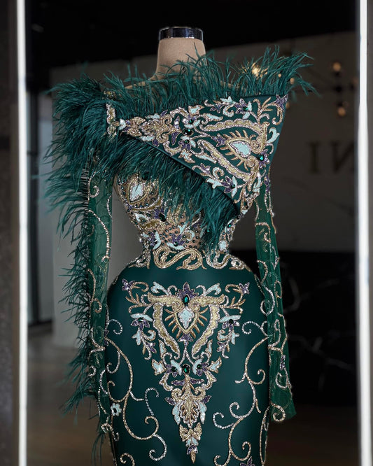 Gelsea Long Sleeve Dress with Stone and Feather Embellishments