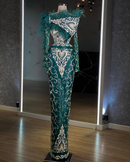 Gelsea Long Sleeve Dress with Stone and Feather Embellishments