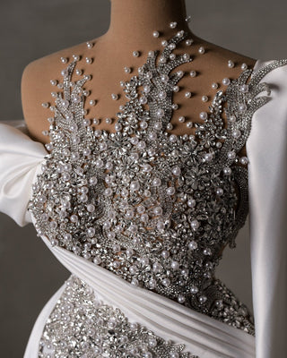 Detailed Close-Up of Bridal Dress Bodice Embellishments - Pearls and Crystals