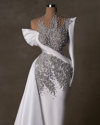 Elegant Bridal Dress - White Satin Gown with Pearls and Crystals