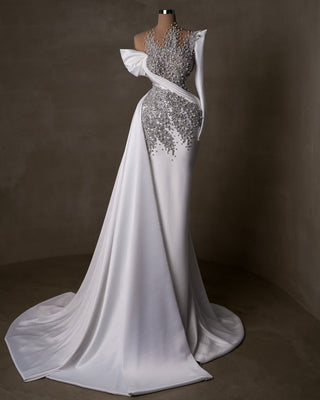 One-Shoulder Design with Side Tail in White Satin