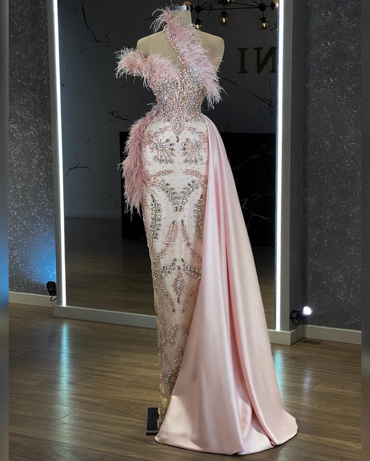 Giana Dress with Feather Adornments and Side Tail