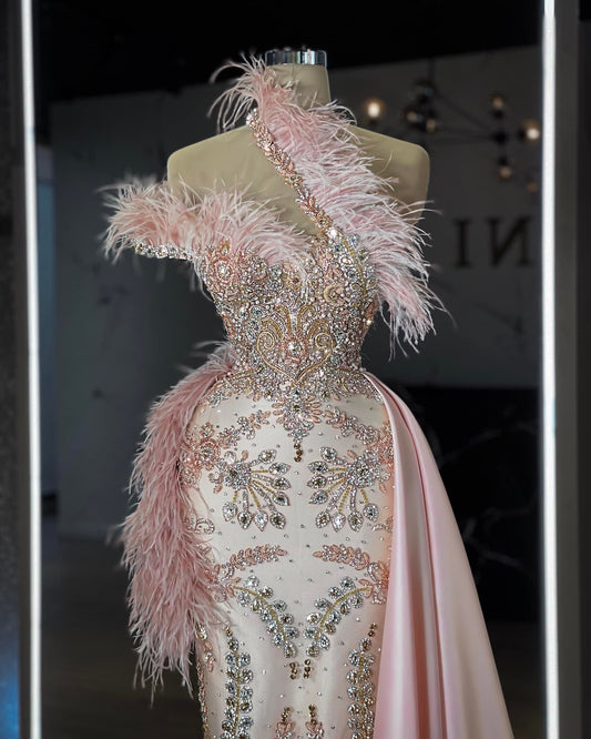 Giana Dress with Feather Adornments and Side Tail