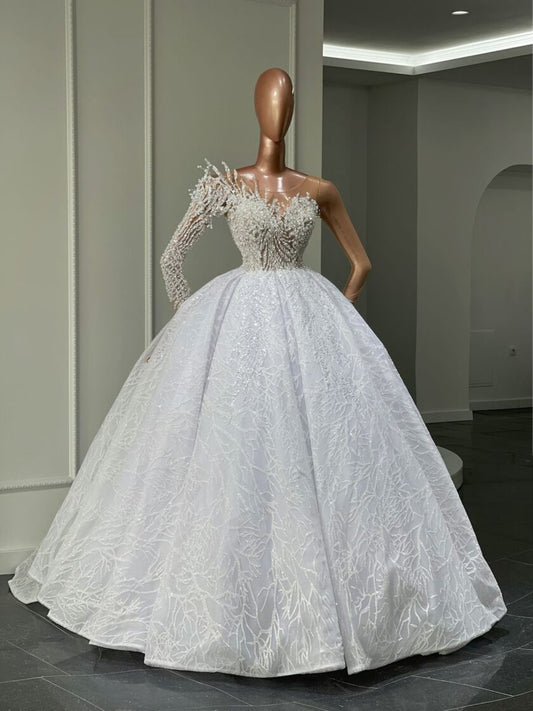 Gisele Pearl-Embellished One-Shoulder Bridal Dress