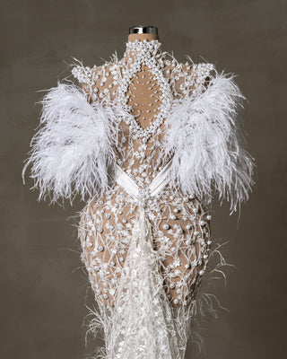 Luxurious Bridal Dress in Feather and Pearl Embellishments