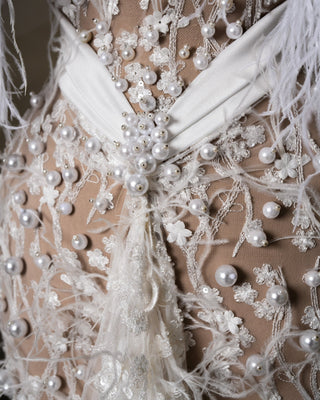 Close-Up View of Luxurious Fabric and Embellishments on Bridal Gown