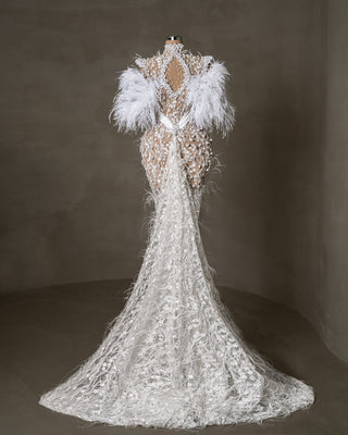 Elegant Bridal Gown - Long Length with High Neck and Feathered Sleeves