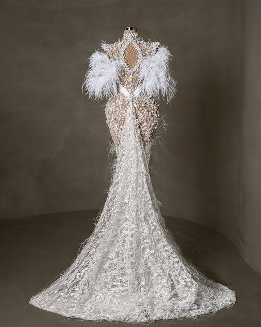 Elegant Bridal Gown - Long Length with High Neck and Feathered Sleeves