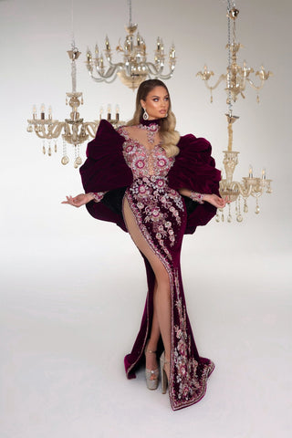 Burgundy Velvet Dress - High Neck, Deep Slit, and Majestic Cape Design