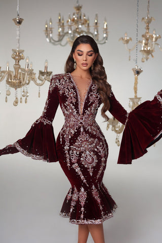 Burgundy Velvet Tea-Length Dress - Luxurious Evening Gown with Stone Embellishments