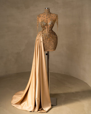Gold Short Dress - High Neck Crystal Embellishments