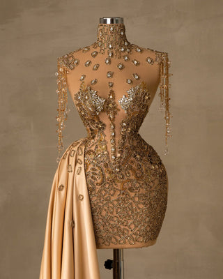 Elegant Gold Cocktail Dress with Side Tail