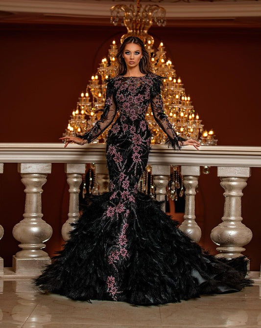 Hana Flower Lace Dress with Feather Details