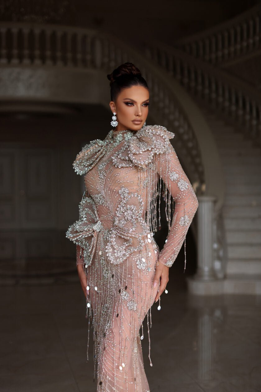 Stunning silver dress with intricate detailing