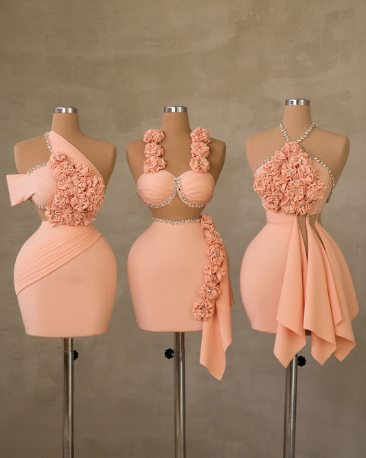 Elegant Stone-Adorned Sleeveless Short Dresses with Floral Details