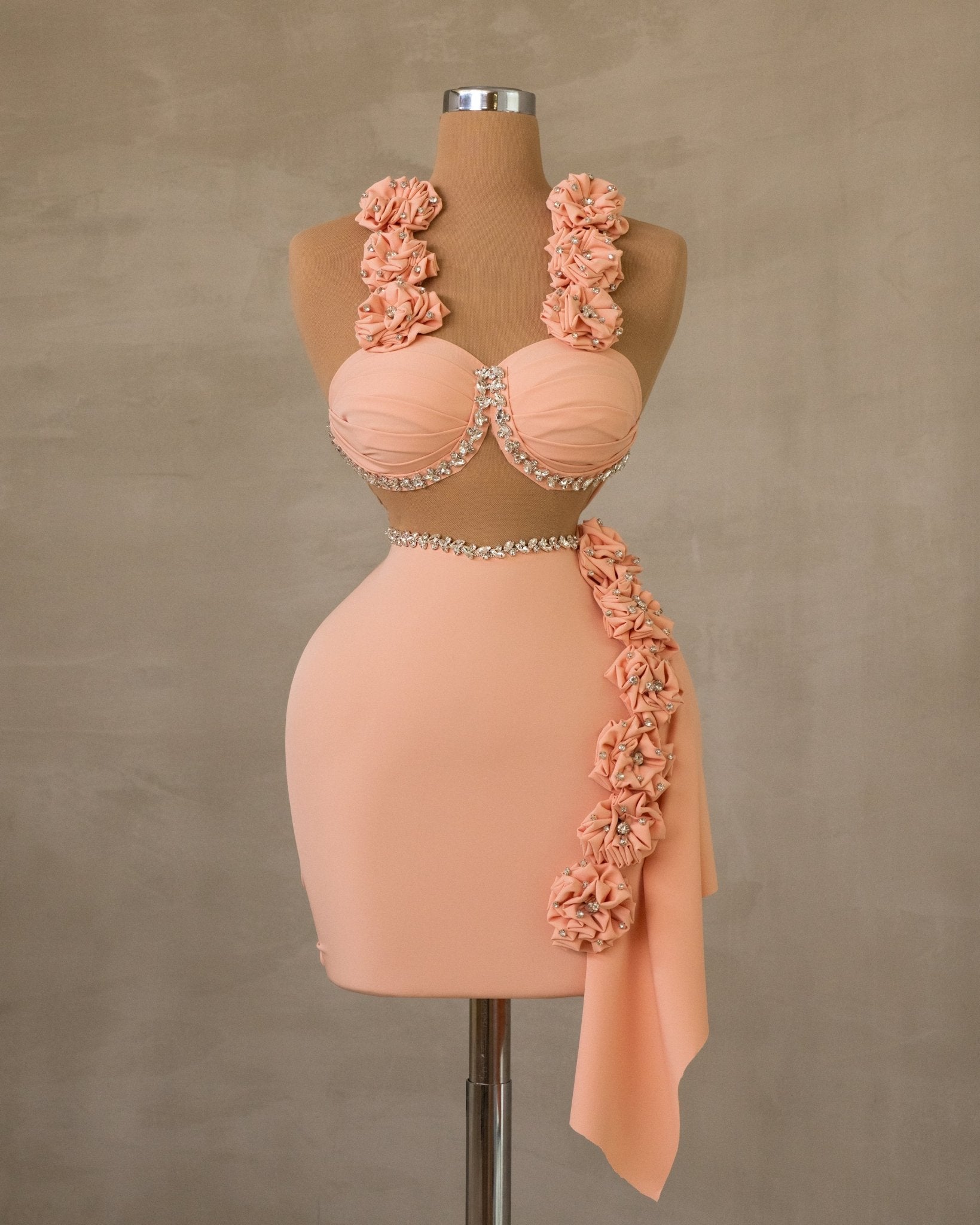 Chic Cut Out Dress Adorned with Stones and Flowers