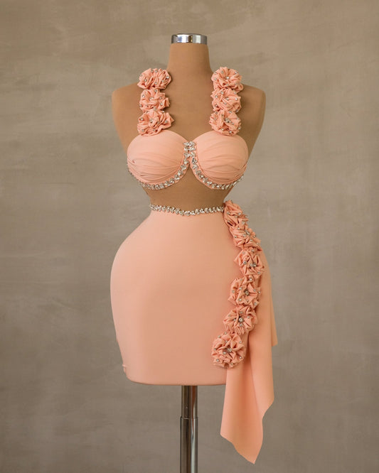 Chic Cut Out Dress Adorned with Stones and Flowers
