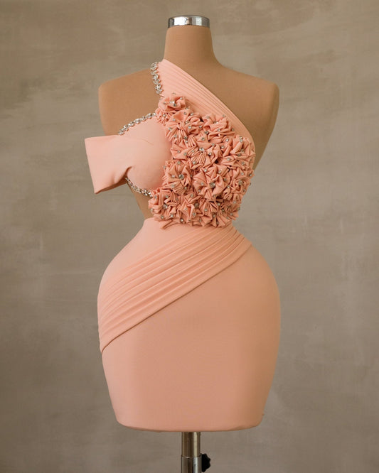 Chic Short Dress with Asymmetrical Neckline, Stones, and Flowers