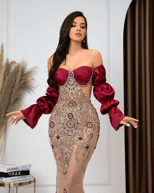 Henrietta Off-Shoulder Dress with Embellished Stones