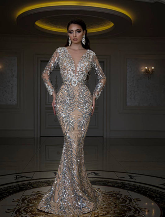 Iana Deep V-Neckline Dress with Sparkling Accents