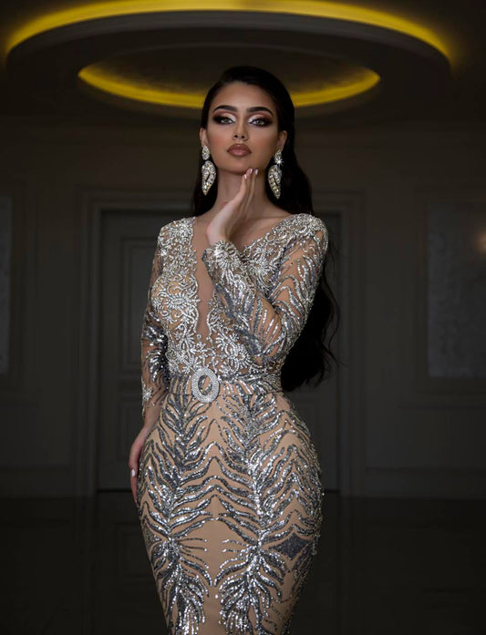 Iana Deep V-Neckline Dress with Sparkling Accents