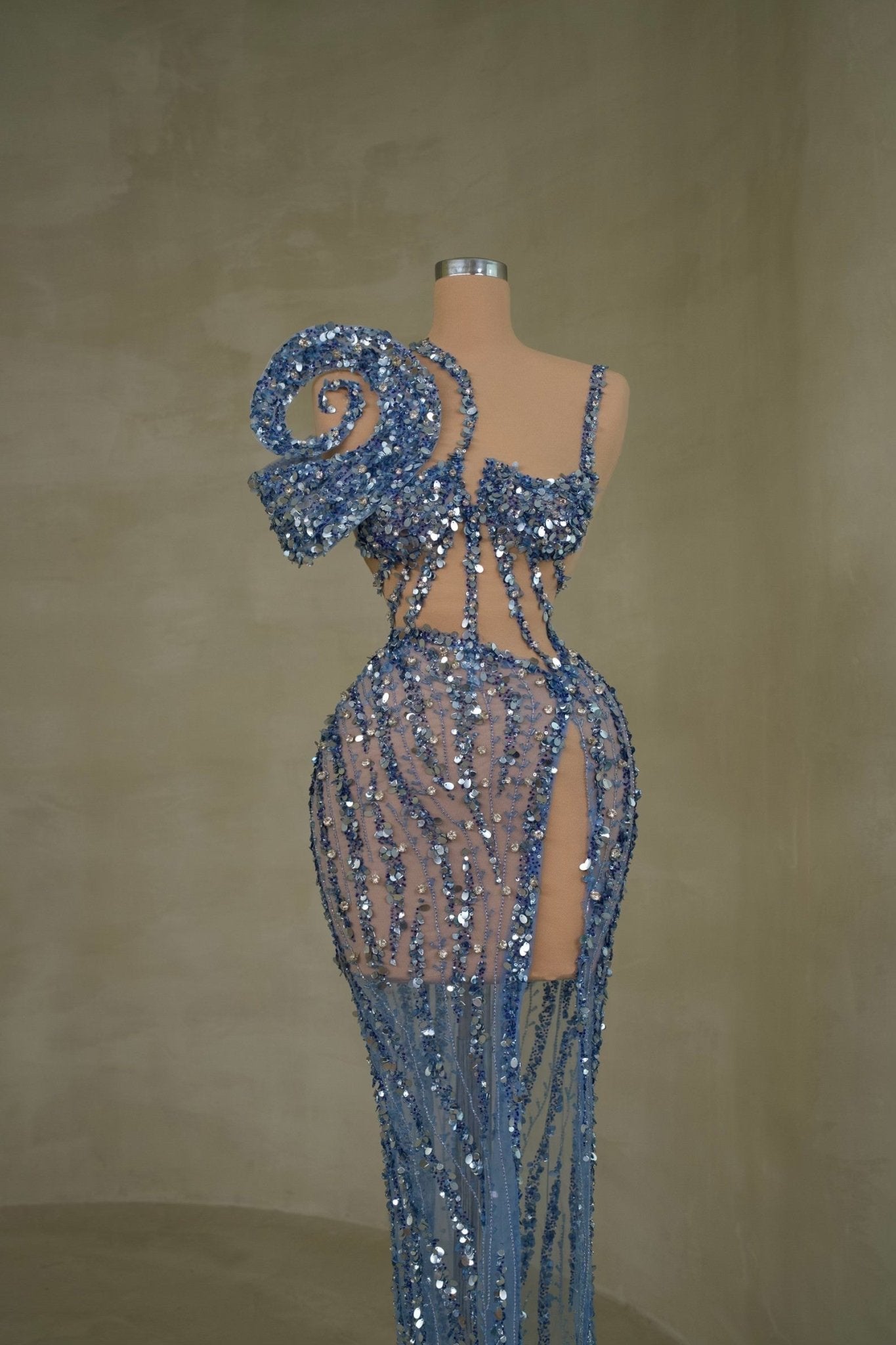 Stylish deep slit blue dress for a captivating look