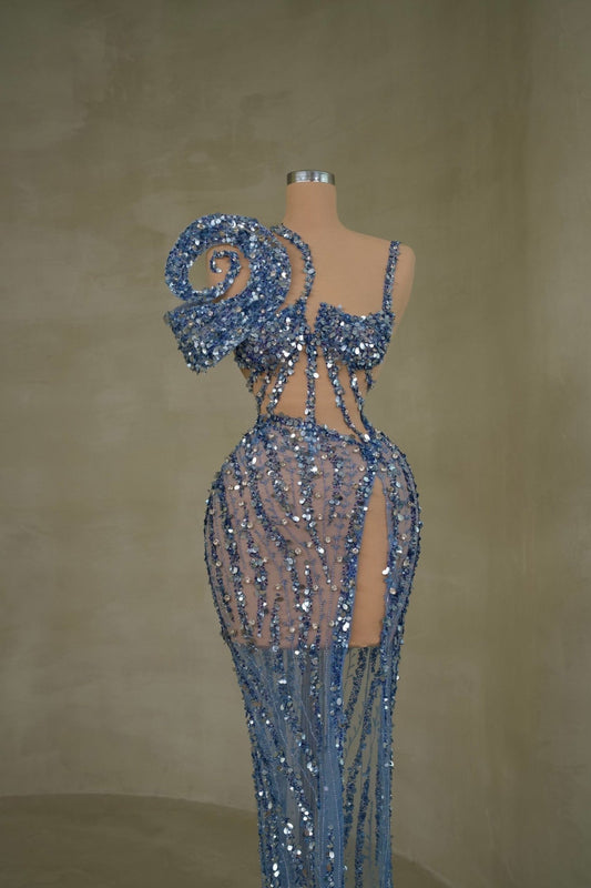 Stylish deep slit blue dress for a captivating look