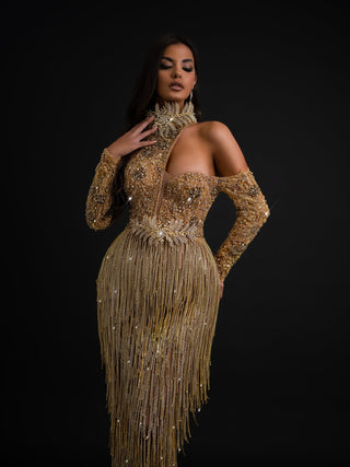 Gold tassel dress with intricate detailing