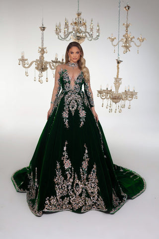 Long Sleeve Green Velvet Gown - Opulent Ballroom Attire for Special Occasions