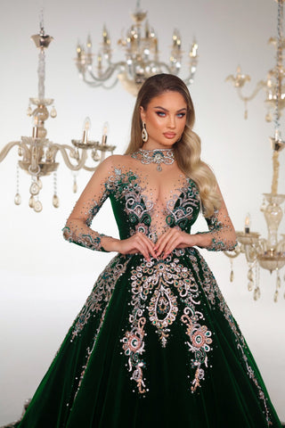 Luxurious Green Velvet Ball Gown - Elegant Dress with Stone Embellishments