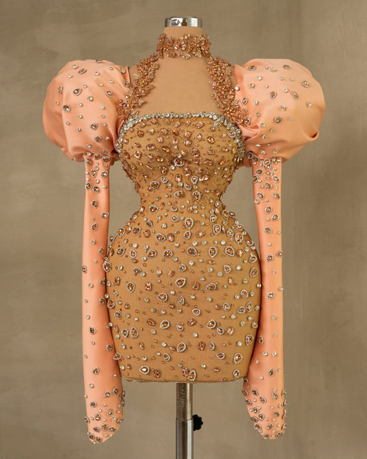 Chic Puff Sleeve Cocktail Dress with Sparkling Stone Embellishments - Shop Now