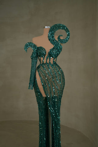 Glamorous shimmering emerald gown with one-shoulder design
