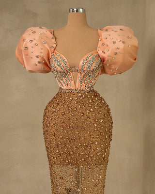 Fashion-forward Puff Sleeve Dress with Elegant Stone Embellishments