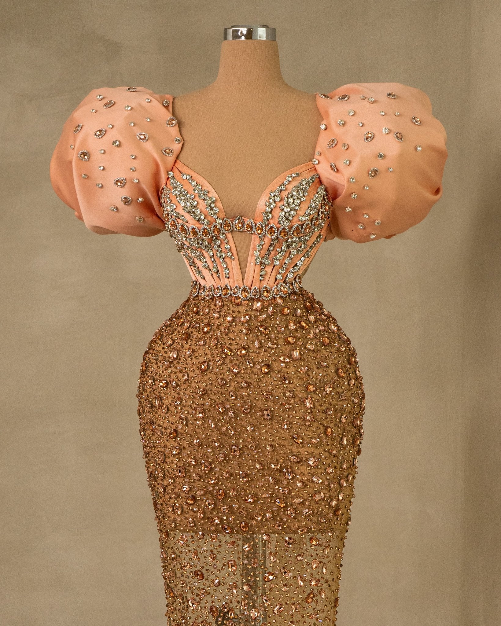 Fashion-forward Puff Sleeve Dress with Elegant Stone Embellishments