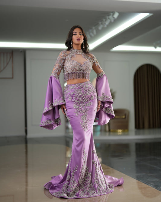 Ira Two-Piece Dress with Embellished Stones and Wide Sleeves