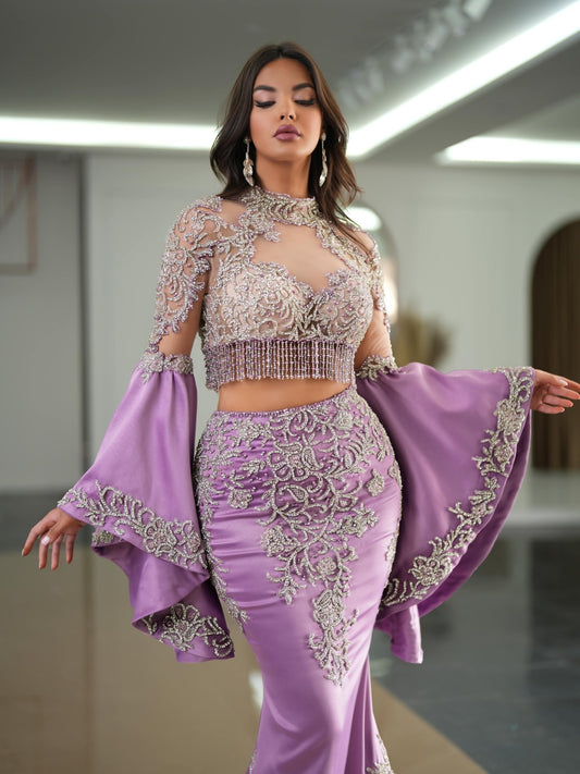 Ira Two-Piece Dress with Embellished Stones and Wide Sleeves