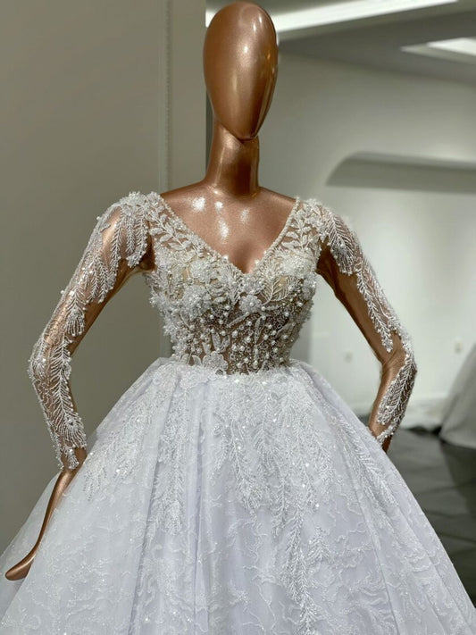 Ayrina Pearl-Embellished Long Sleeve Bridal Dress