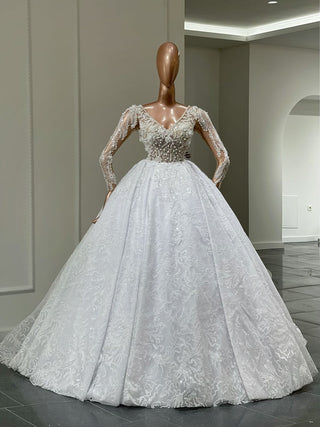 Irina Pearl-Embellished Long Sleeve Bridal Dress