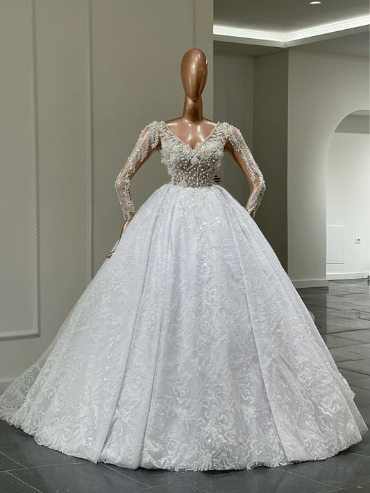 Ayrina Pearl-Embellished Long Sleeve Bridal Dress