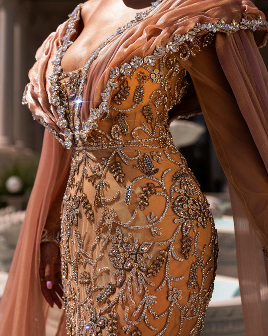 Chic Side Cape Dress Enhanced by Delicate Stone Details