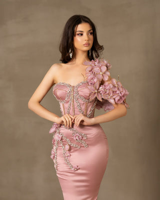  Pink satin dress with one-shoulder design.