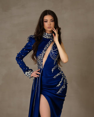 Blue satin dress with a one-shoulder design.