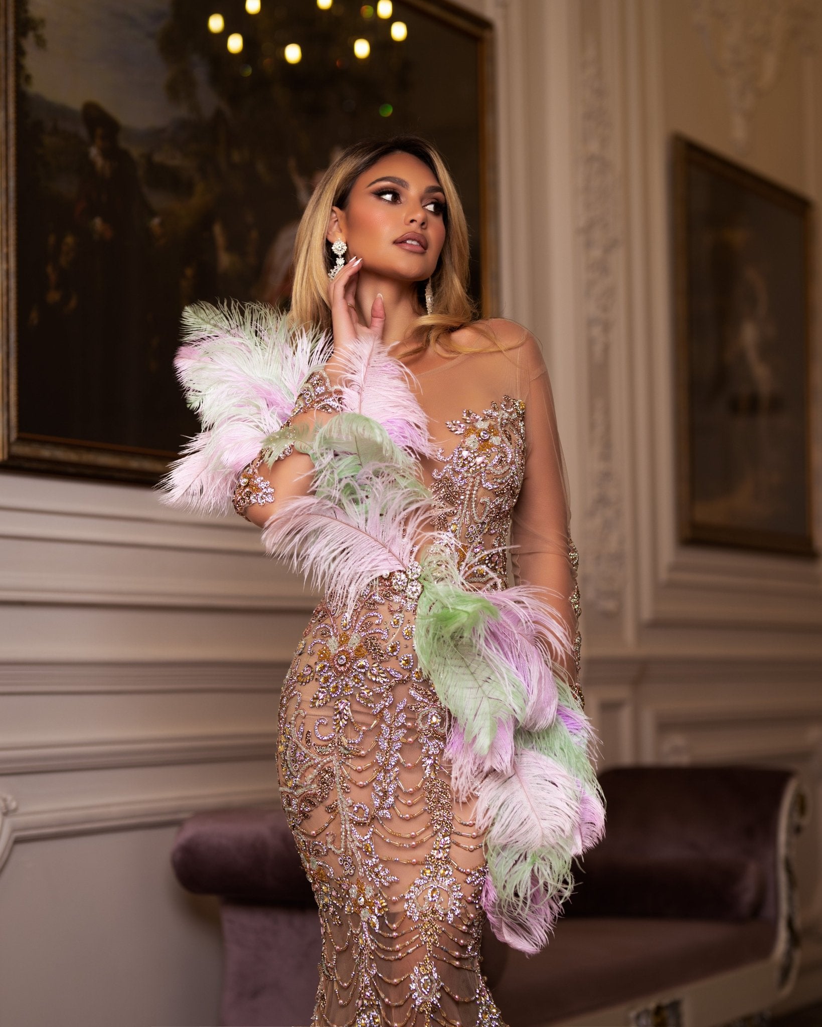 Elegant lace gown with crystal embellishments, long sleeves, and feathered waist detail.