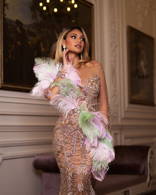 Elegant lace gown with crystal embellishments, long sleeves, and feathered waist detail.