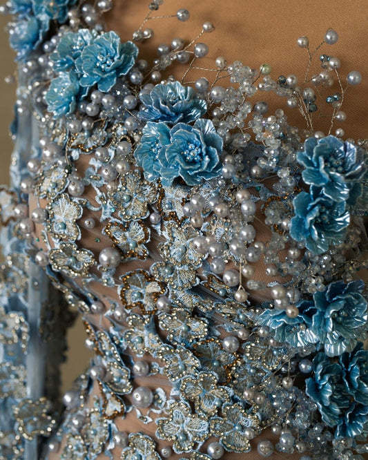 Intricate Floral Lace Bodice - Blue Dress with Exquisite Flower Embroidery