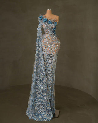 Blue Evening Dress - Embellished with Delicate Flowers