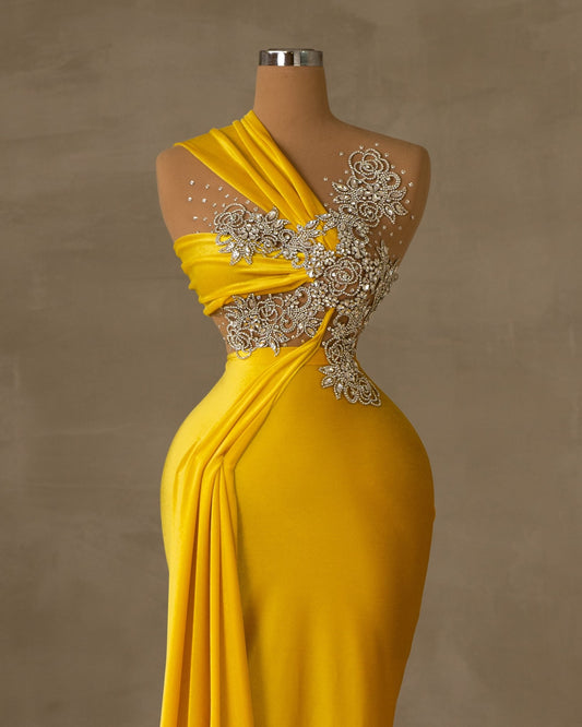 Sleeveless yellow velvet dress with asymmetrical neckline