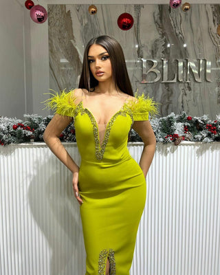 Chic Off-Shoulder Light Green Dress with Feathered Shoulders, V-Neck, and Stone Embellishments
