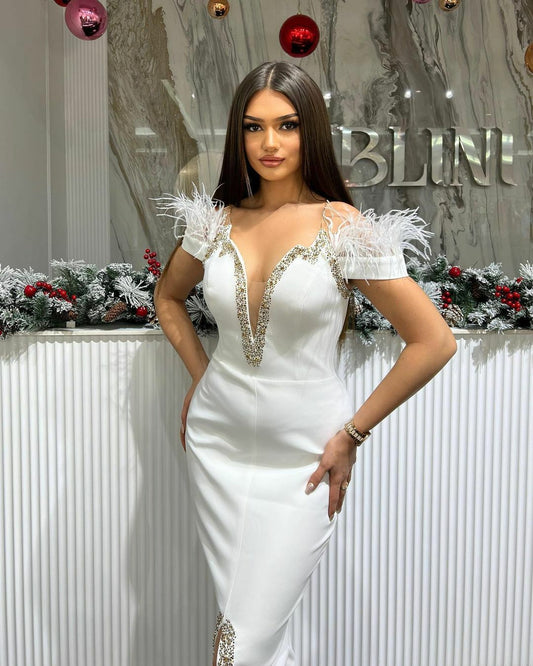 Chic Maxi-Length White Evening Gown with Slit - Feathers and Stones Detail