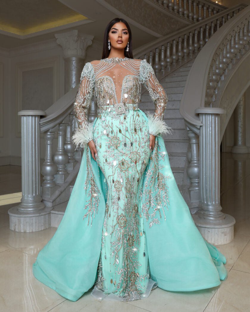 FeathersHigh NeckLong DressWomen - Blini Fashion House